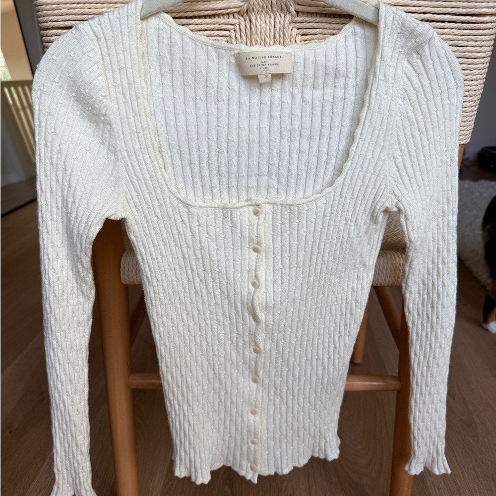 Sezane Cream Ribbed Button-Down Sweater Top - Picture 1 of 3